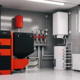 Kotłownia z kotłem na paliwo stałe w kolorach czerwono-czarnych, zasobnikiem ciepłej wody użytkowej, grzejnikiem i rozdzielaczem podłogówki w pomieszczeniu wyłożonym szarą glazurą.