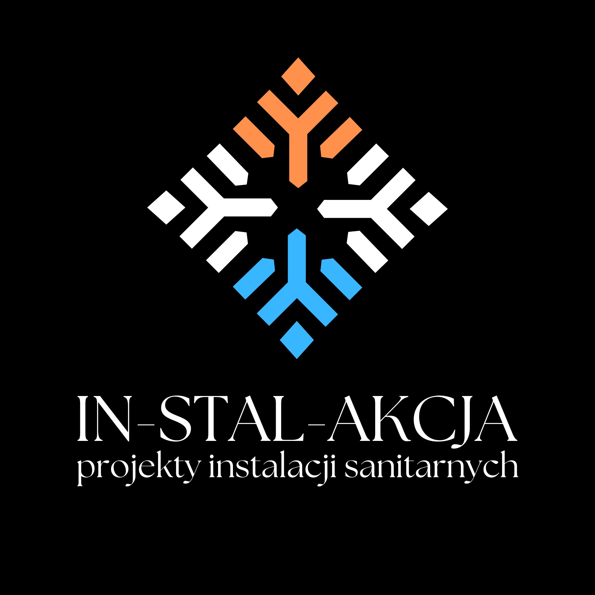 Logo firmy IN-STAL-AKCJA z geometrycznym symbolem w kolorach pomarańczowym, białym i niebieskim na czarnym tle. Pod symbolem napis 'projekty instalacji sanitarnych'.