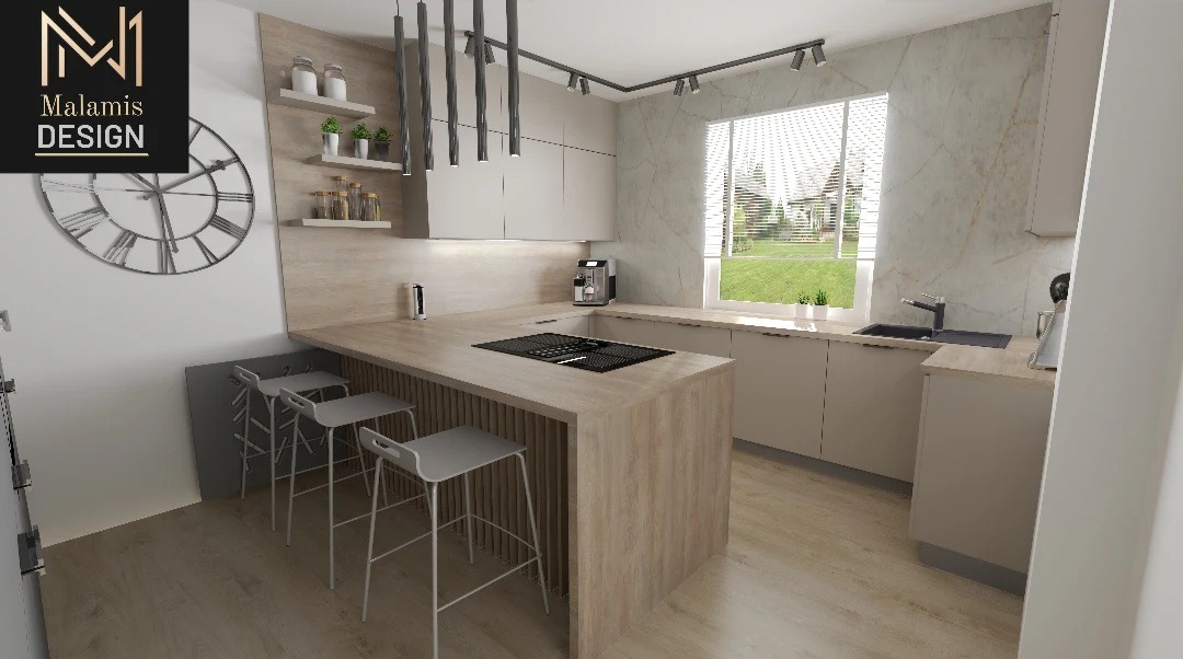 Wizualizacja nowoczesnej kuchni z wyspą, drewnianym blatem, białymi szafkami i dekoracyjnym zegarem na ścianie, oświetlona wiszącymi lampami.