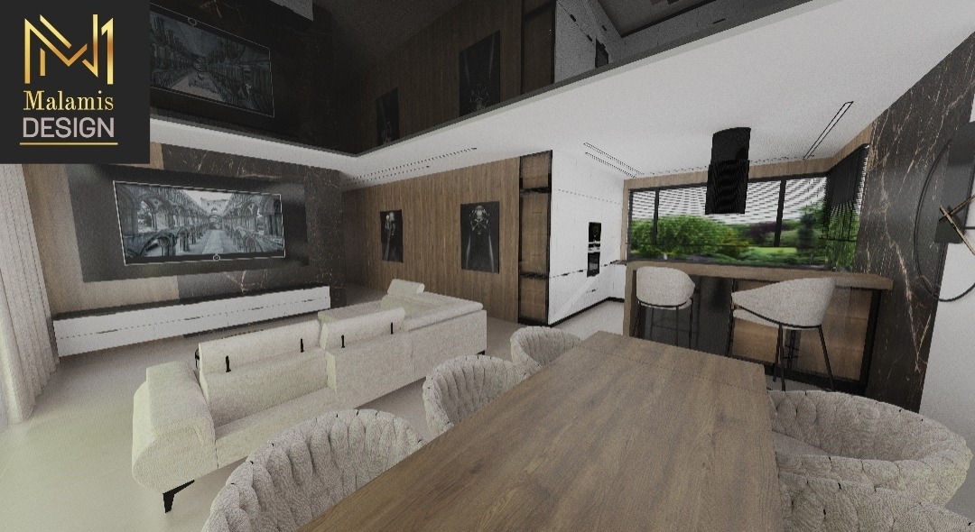 Wizualizacja przestronnego wnętrza z otwartą kuchnią, jadalnią i salonem. Ciemny sufit lustrzany, marmurowe ściany, drewniane akcenty i jasne meble tworzą nowoczesny i elegancki wygląd. Duży...