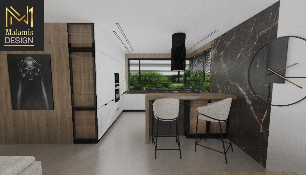 Wizualizacja nowoczesnej kuchni z barkiem w Lubaniu, z białymi szafkami i blatem drewnianym, uzupełniona o marmurową ścianę z dekoracyjnym zegarem i minimalistyczne stołki barowe.