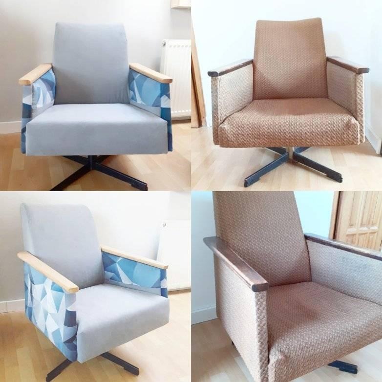 Kompozycja czterech ujęć fotela biurowego na czarnej podstawie krzyżakowej: dwa fotele z szarą tapicerką i geometrycznym wzorem na podłokietnikach oraz dwa fotele z brązową tapicerką. Widoczne...