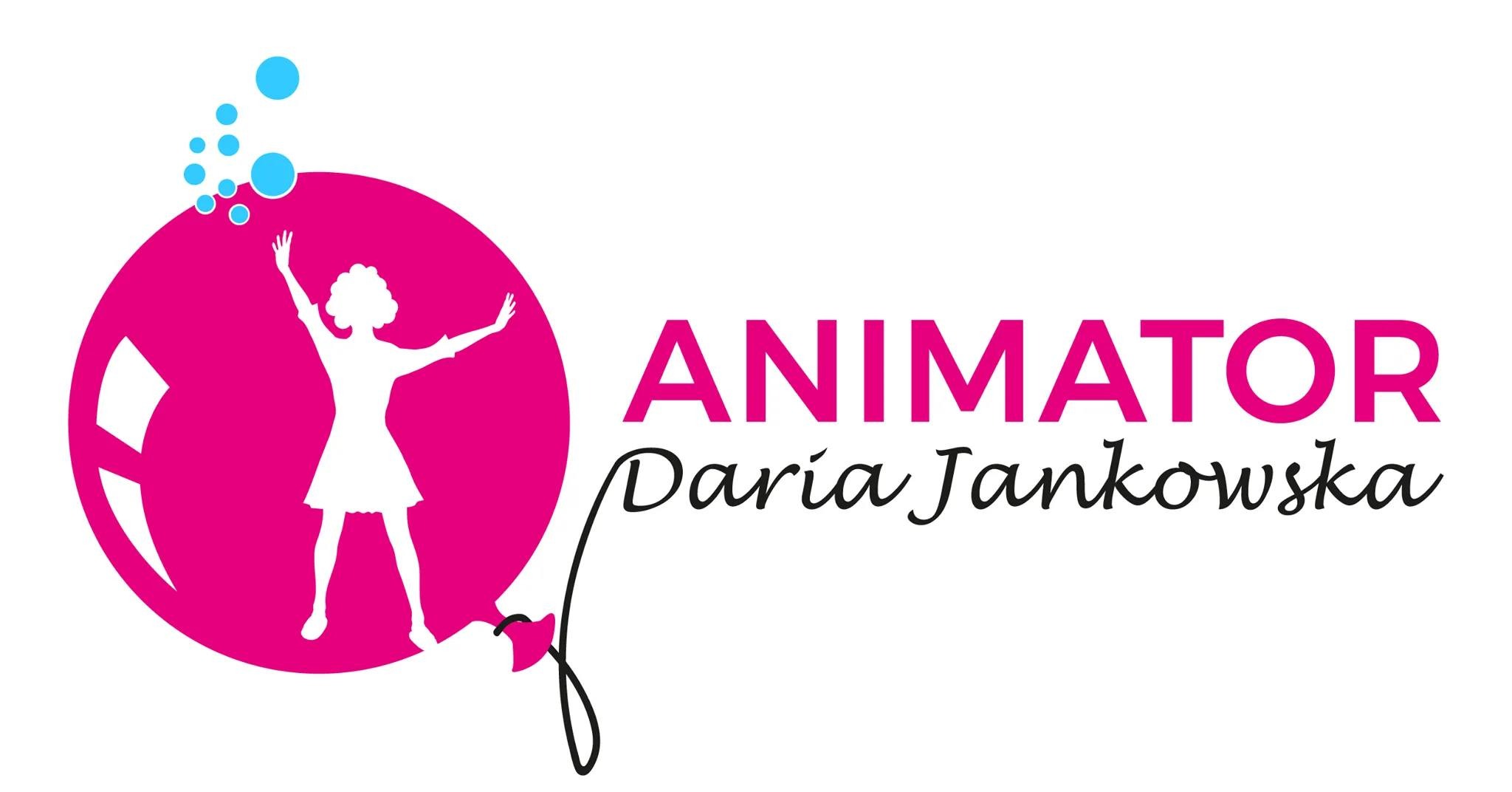 Logo firmy Animator Daria Jankowska z sylwetką osoby w różowym balonie i niebieskimi bąbelkami.