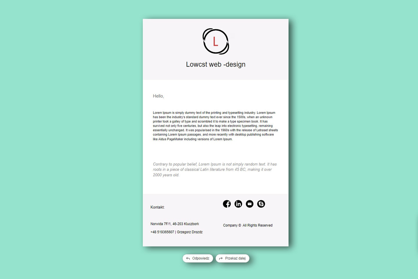 E-mail newsletter z logo i tekstem demonstracyjnym prezentujący projekt strony internetowej z danymi kontaktowymi.