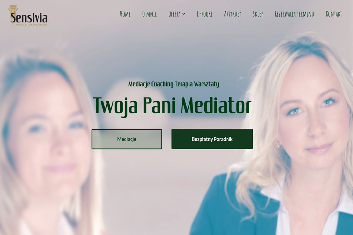 Strona internetowa z nagłówkiem 'Twoja Pani Mediator', oferująca mediacje, coaching, terapię i warsztaty, z wizerunkiem kobiety.