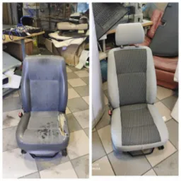 Porównanie: zniszczony fotel samochodowy przed renowacją i odnowiony fotel w szarej skórze z wzorzystym materiałem na środku.