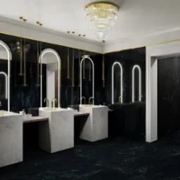 Elegancka łazienka z marmurową posadzką i ścianami, trzema umywalkami na postumentach z jasnego kamienia, złotymi bateriami i oświetleniem LED w kształcie łuków, zwieńczona kryształowym żyrandolem.