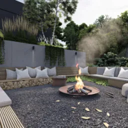Nowoczesny ogród z paleniskiem otoczonym siedziskami z szarymi poduszkami, drewnem opałowym i roślinnością w tle, oświetlony ciepłym blaskiem ognia i słońca.