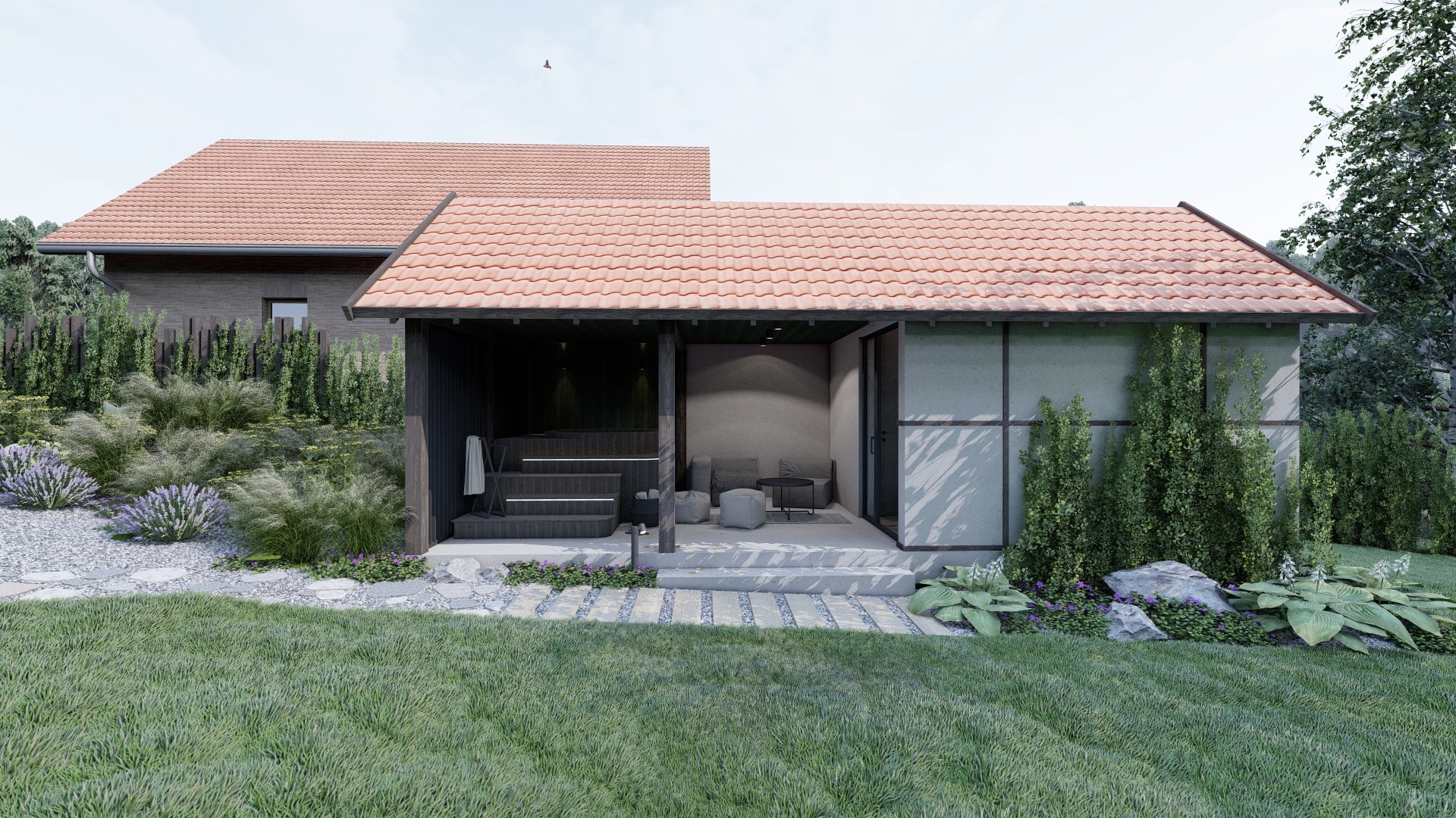 Nowoczesny ogród wiejski z zadaszoną strefą relaksu, schodami prowadzącymi do jacuzzi i starannie dobraną roślinnością ozdobną.