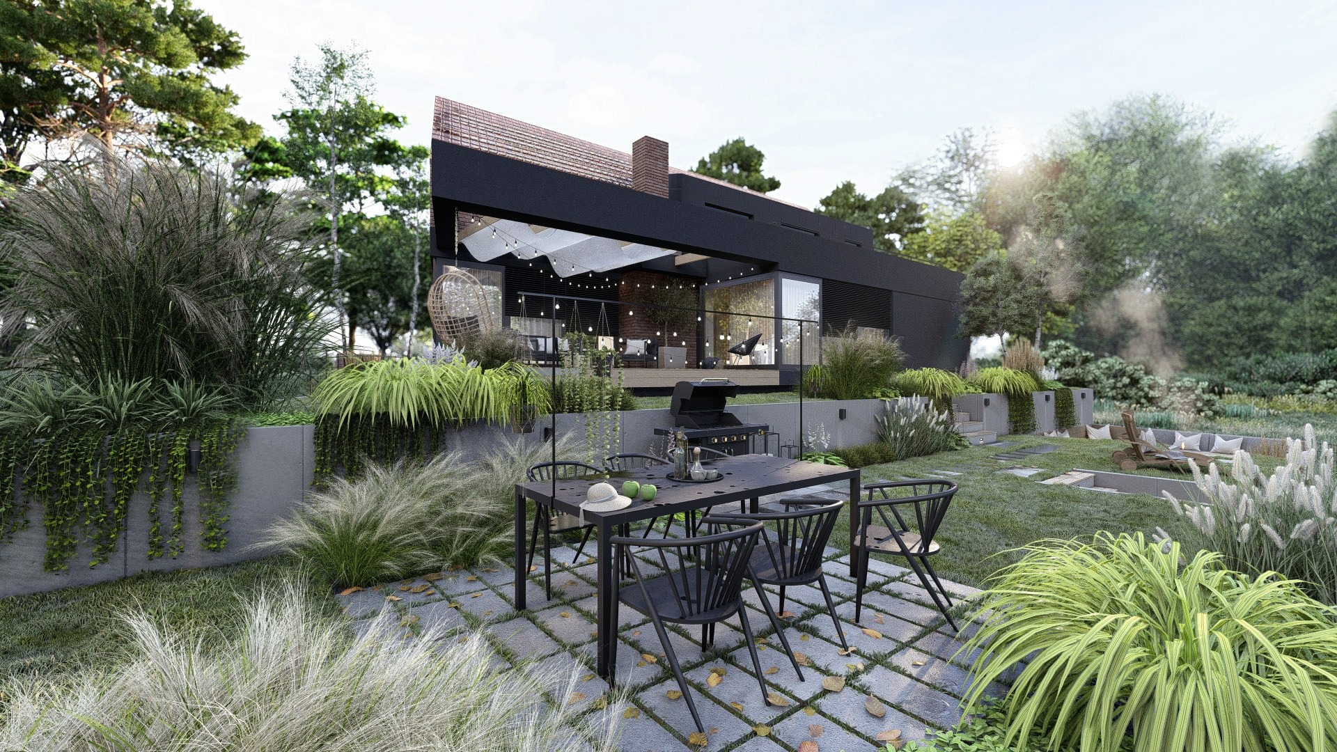 Nowoczesny ogród z czarnym domem, stołem i krzesłami na patio z kostki brukowej, bujną roślinnością, grillem i strefą relaksu z paleniskiem w tle.