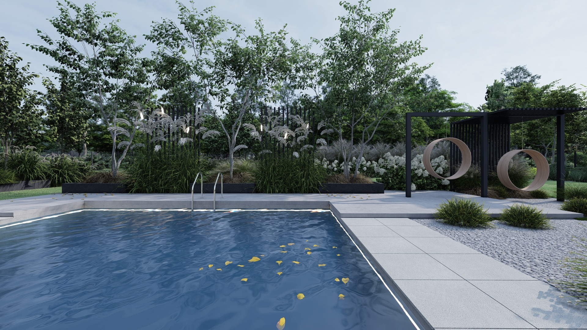 Nowoczesny ogród z basenem, minimalistyczna architektura krajobrazu, drzewa, trawy ozdobne i pergola z okrągłymi huśtawkami.