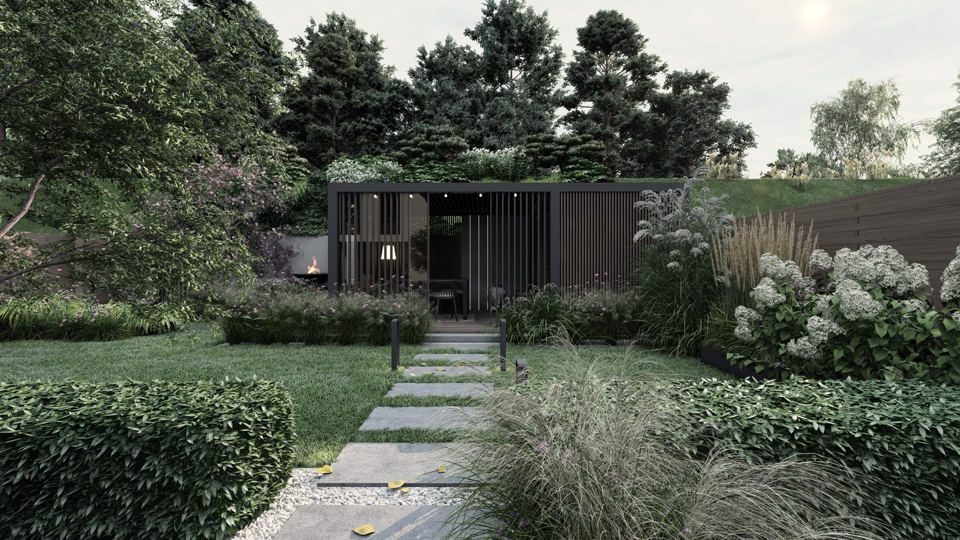 Nowoczesny ogród przy szeregowcu z minimalistyczną altaną z lamelami, ścieżką z płyt kamiennych i bujną roślinnością ozdobną, w tle widoczny kominek.