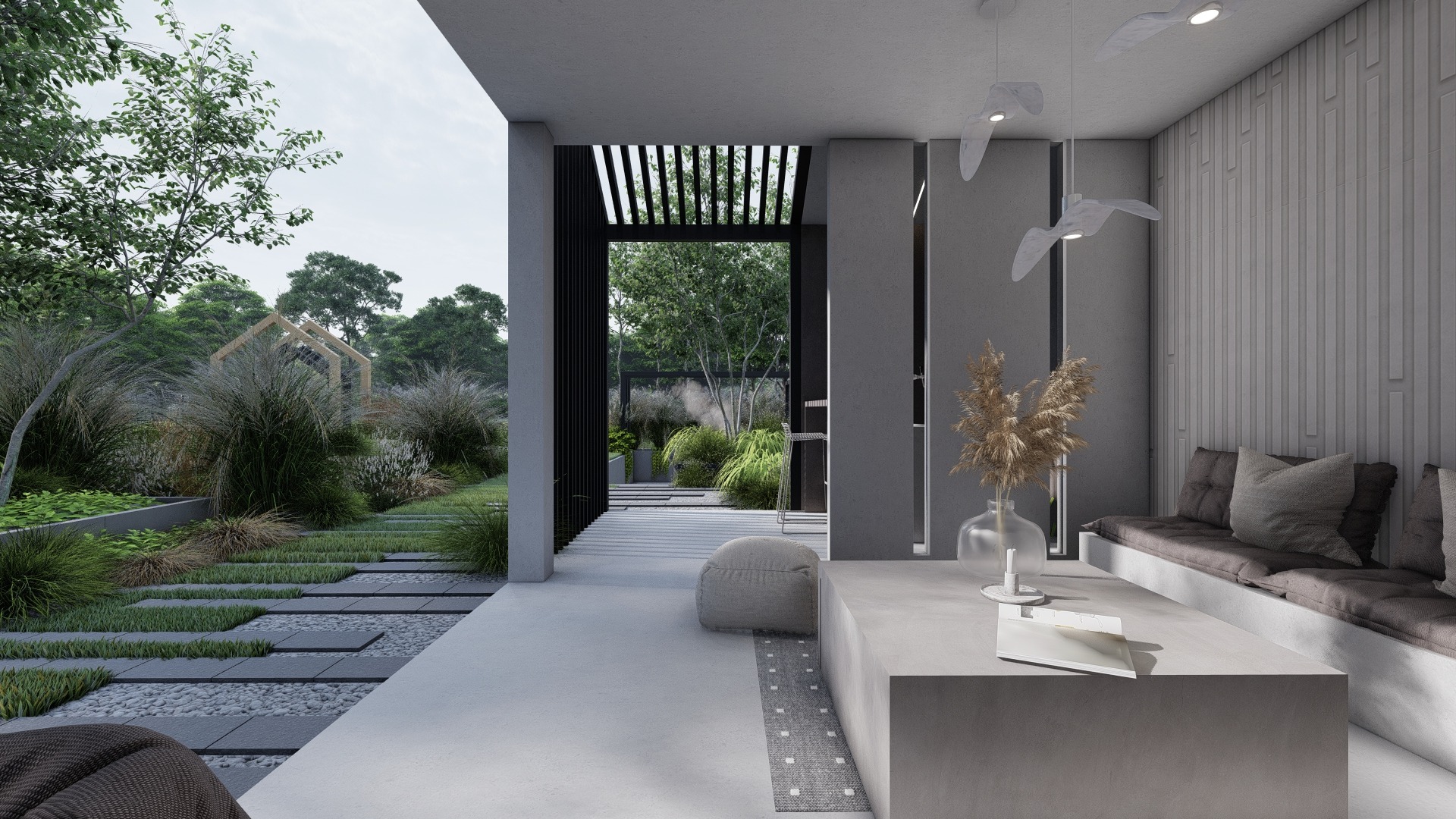 Nowoczesny taras z minimalistycznym ogrodem, kamienne ścieżki przechodzące przez trawnik, widok na drewnianą konstrukcję w głębi ogrodu, wnętrze z siedziskiem i dekoracjami w stonowanych kolorach.