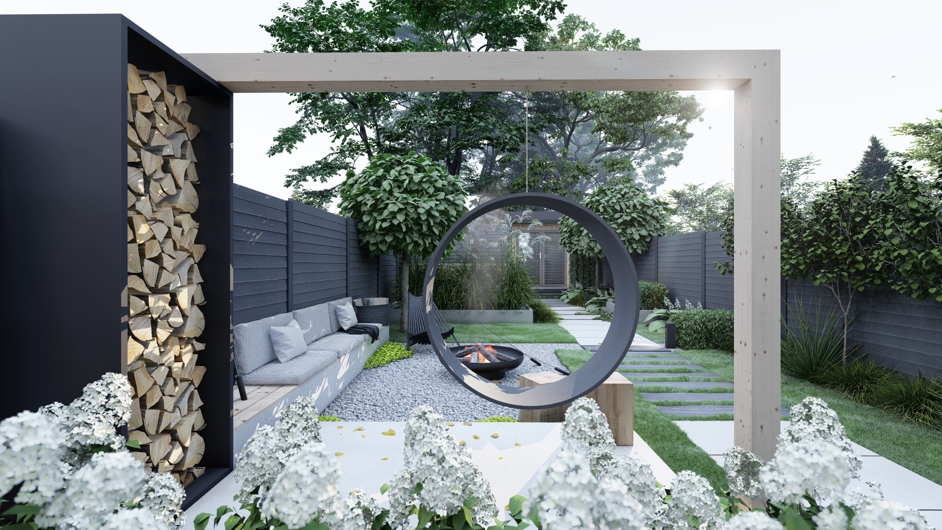 Nowoczesny ogród z paleniskiem otoczonym okrągłą konstrukcją, drewnem ułożonym w czarnej wnęce, szarym ogrodzeniem i białymi hortensjami na pierwszym planie.