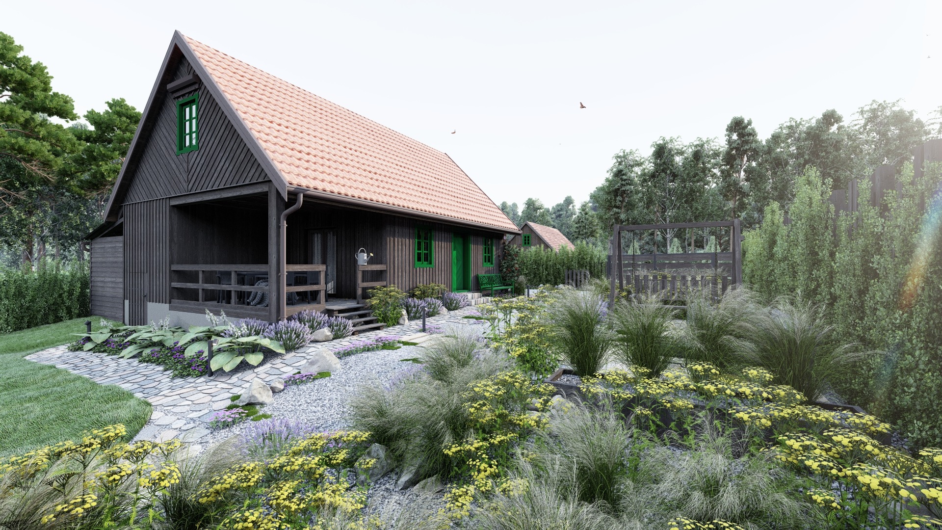 Wizualizacja ogrodu wiejskiego z drewnianym domem, ścieżką z kamienia łupanego, rabatami z lawendy i żółtych kwiatów oraz dekoracyjnymi trawami.