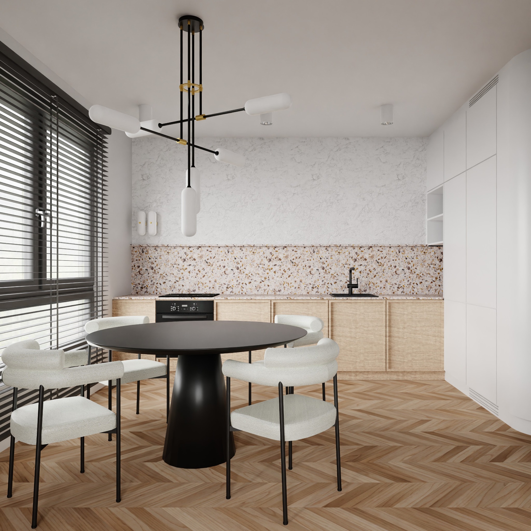 Wnętrze kuchni z okrągłym, czarnym stołem i czterema krzesłami w stylu skandynawskim, parkiet w jodełkę, drewniane szafki i blat z terazzo, nowoczesna lampa wisząca z białymi kloszami.