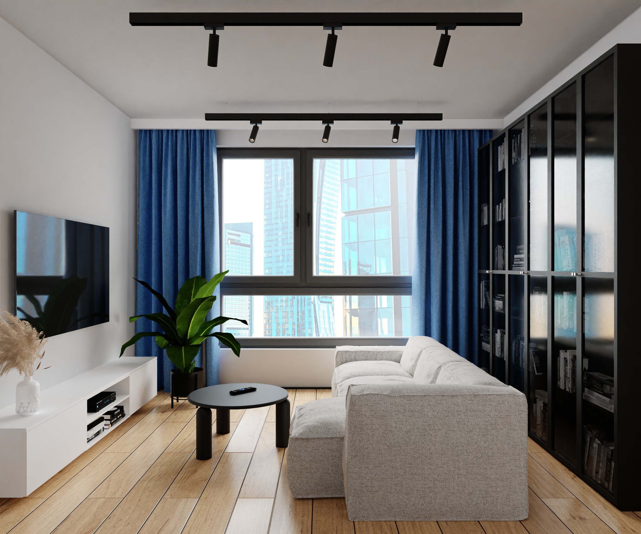 Jasnoszara sofa modułowa z podnóżkiem, okrągły czarny stolik kawowy, telewizor na białej szafce RTV, wysokie okno z widokiem na miasto, niebieskie zasłony i czarny regał na książki w nowoczesnym...