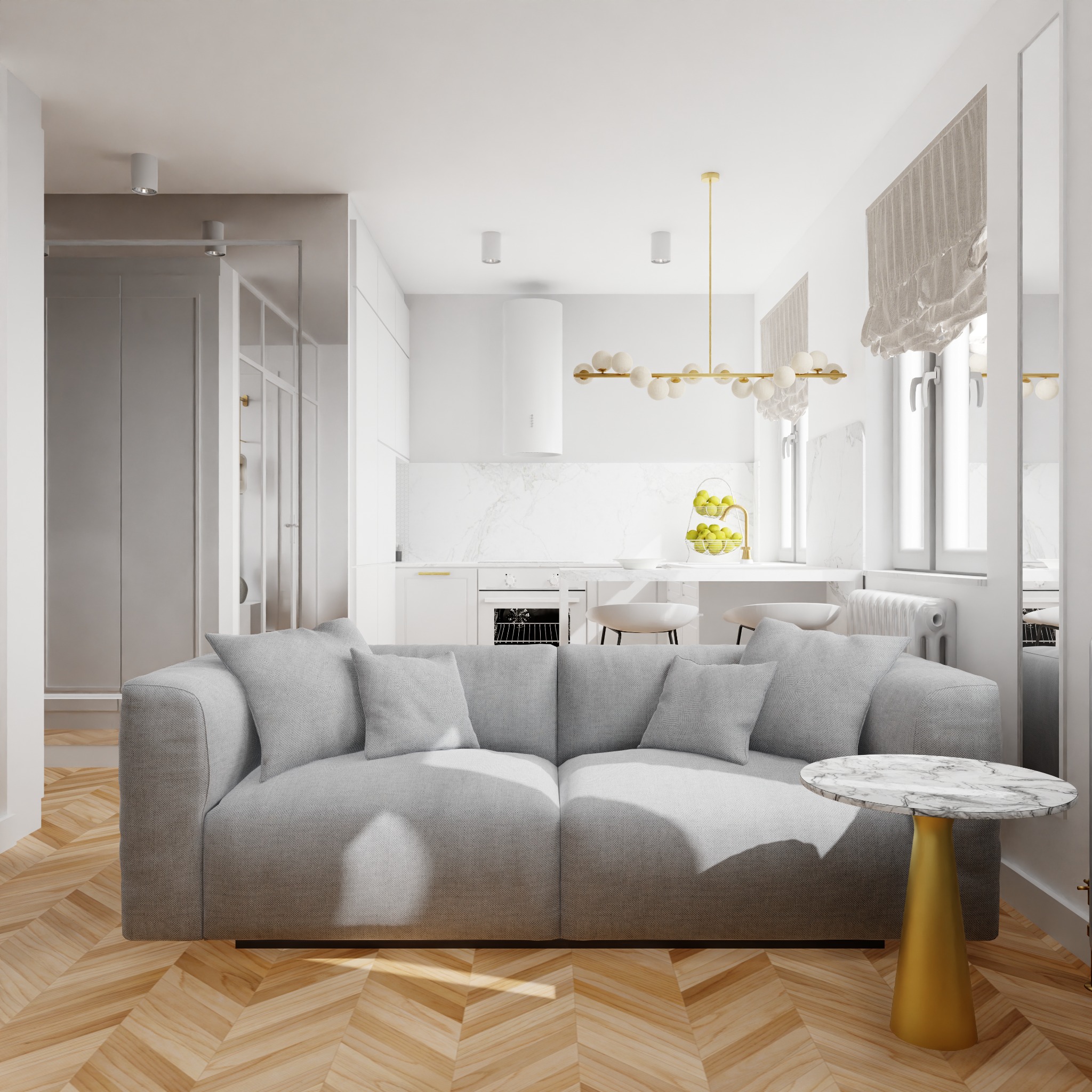 Jasne wnętrze z szarą sofą, marmurowym stolikiem na złotym postumencie i widokiem na białą kuchnię z marmurowym backsplashiem, oświetloną złotą lampą wiszącą.