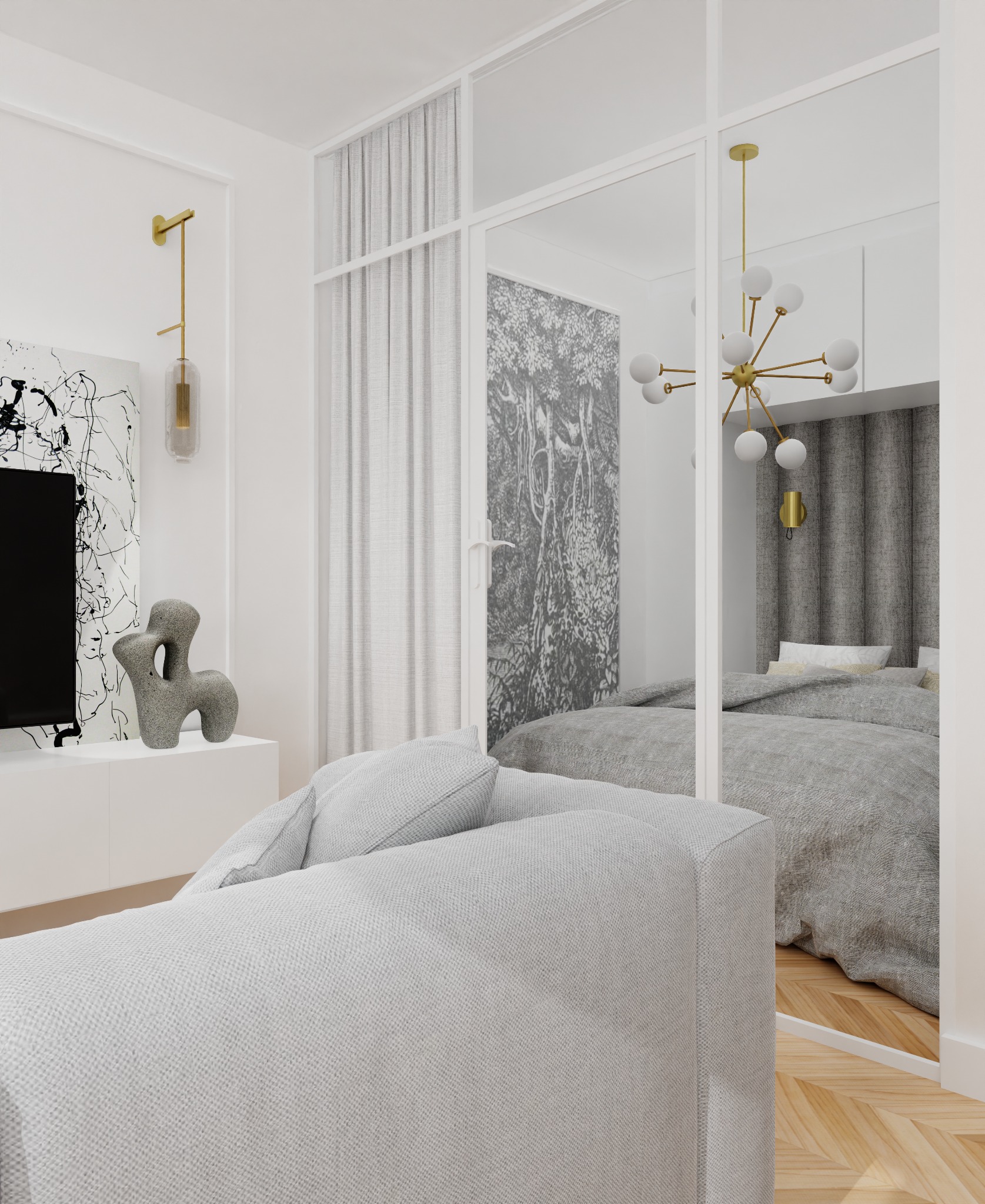 Nowoczesna aranżacja salonu z widokiem na sypialnię przez szklaną ścianę, szary narożnik na pierwszym planie, parkiet w jodełkę, abstrakcyjna grafika na ścianie, złota lampa ścienna.