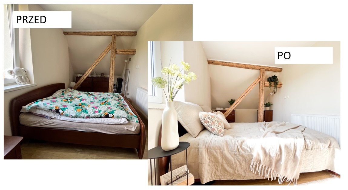 Sypialnia na poddaszu: widok przed i po home stagingu, ukazujący transformację z nieuporządkowanego wnętrza z wzorzystą pościelą w jasną, minimalistyczną przestrzeń z beżową narzutą i dekoracjami...