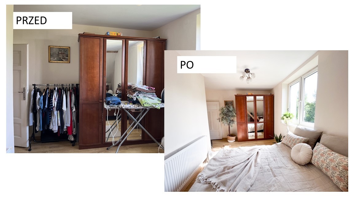 Zdjęcie 'przed' i 'po' przedstawia metamorfozę sypialni: od zagraconej przestrzeni z ubraniami na wieszaku i stertą rzeczy na desce do prasowania, do jasnego, uporządkowanego pokoju z łóżkiem...