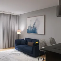 Wizualizacja wnętrza mieszkania: kuchnia z wyspą z czarnym blatem, niebieska sofa z poduszkami, obraz z motywem górskim, krzesła w pepitkę, roślina doniczkowa i widok na balkon za zasłonami.