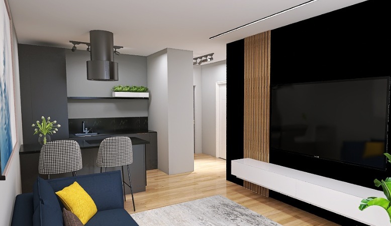 Wizualizacja wnętrza mieszkania: aneks kuchenny z czarnymi szafkami, wyspą i hokerami w kratę, salon z niebieską sofą i żółtą poduszką, ściana telewizyjna z drewnianymi panelami i białym stolikiem...