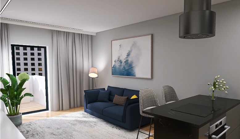 Wizualizacja wnętrza mieszkania: kuchnia z wyspą z czarnym blatem, niebieska sofa z poduszkami, obraz z motywem górskim, krzesła w pepitkę, roślina doniczkowa i widok na balkon za zasłonami.