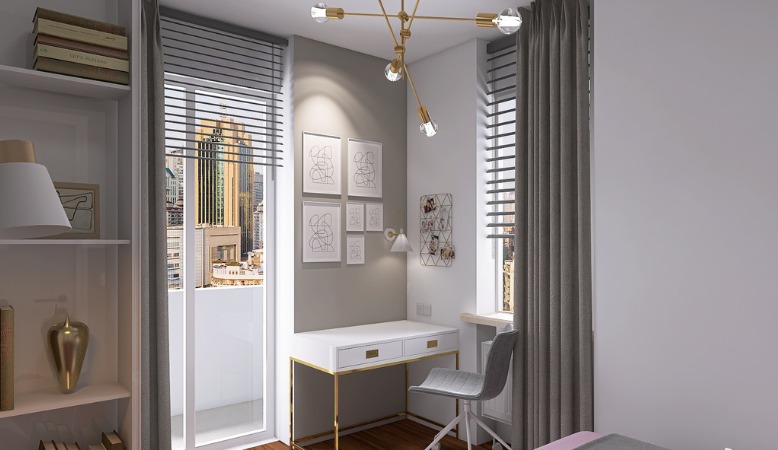 Wizualizacja pokoju z białym biurkiem na złotych nogach, szarym krzesłem, galerią grafik na ścianie i widokiem na miasto za oknem z żaluzjami.