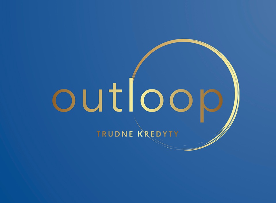 Złote logo 'outloop' na niebieskim tle, z dopiskiem 'TRUDNE KREDYTY' poniżej.