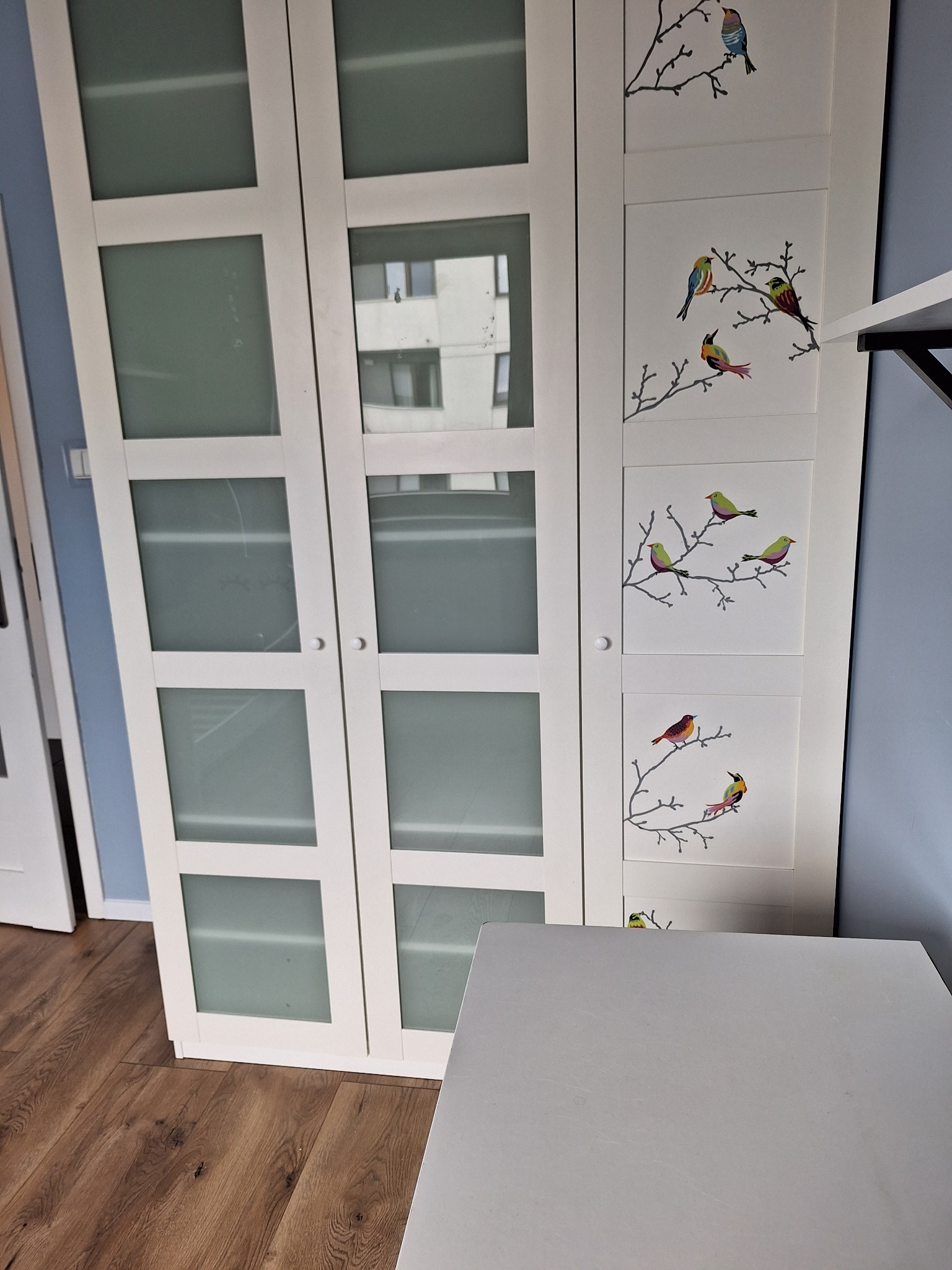 Biała szafa z matowymi szybami i naklejkami przedstawiającymi ptaki na gałęziach, stojąca na drewnianej podłodze.