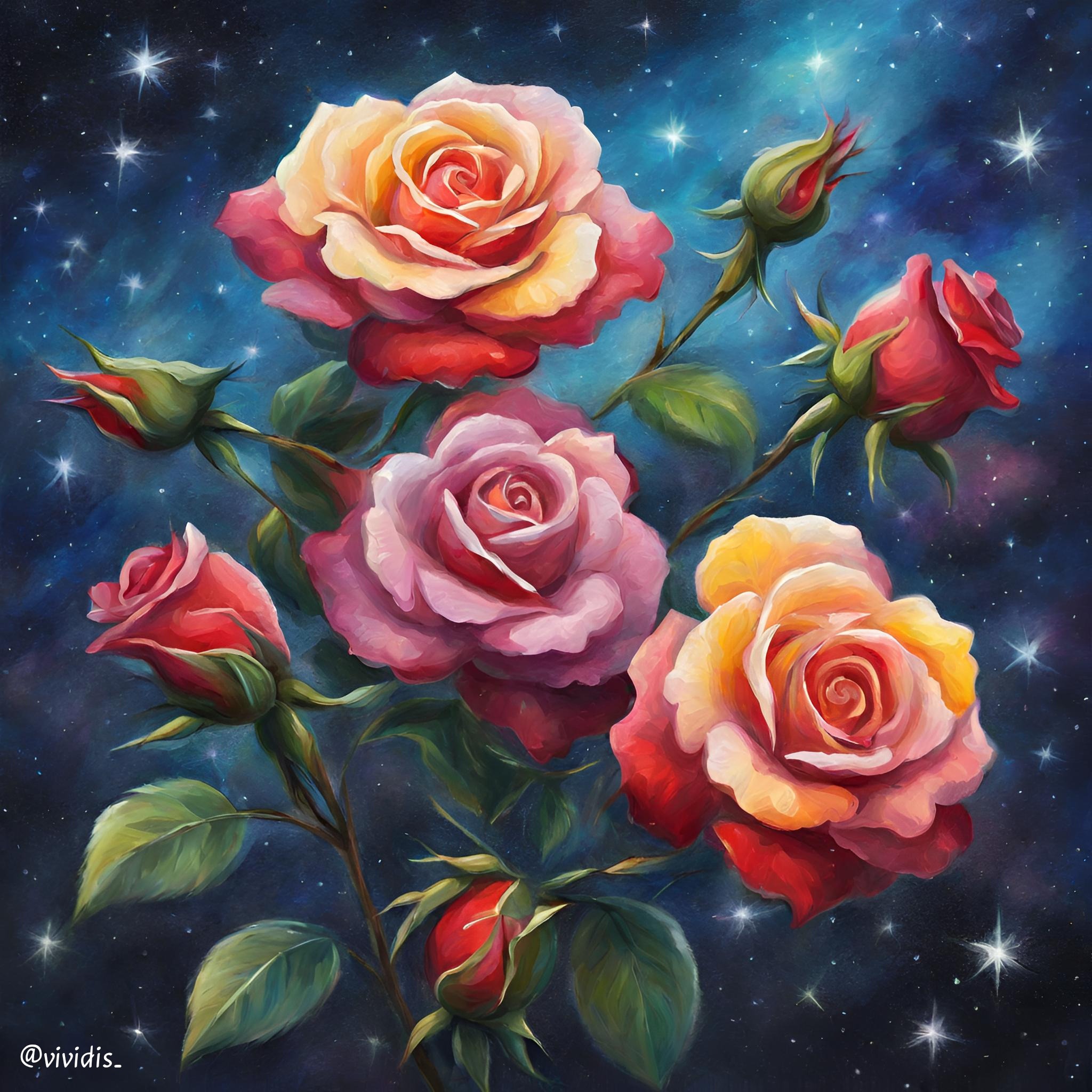 Ilustracja cyfrowa przedstawiająca bukiet róż w odcieniach czerwieni, różu i żółci na tle ciemnoniebieskiego kosmosu z gwiazdami.