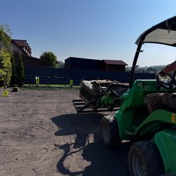 MANDRAGORA KAROL JAGNICKI - Zielony miniładowarka Avant transportuje paletę z trawą z rolki na przygotowany teren podwórza, w tle domy i ogrodzenie. Słoneczny dzień.