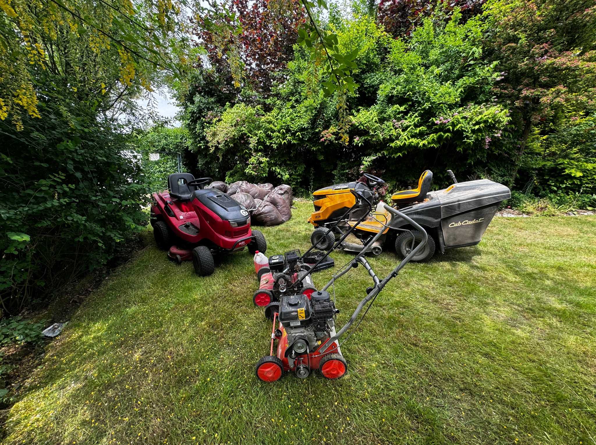 Różne typy kosiarek do trawy, w tym traktorki i kosiarki ręczne, stoją na trawniku przed gęstym żywopłotem i workami z odpadami zielonymi.