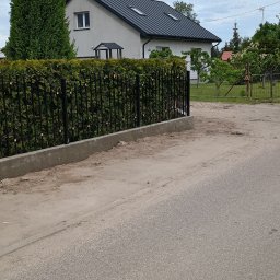 BRAMEX Przemysław Tabaka - Czarny, metalowy płot z podmurówką, oddzielający posesję z domem od drogi. Żywopłot za ogrodzeniem. Pochmurne niebo.