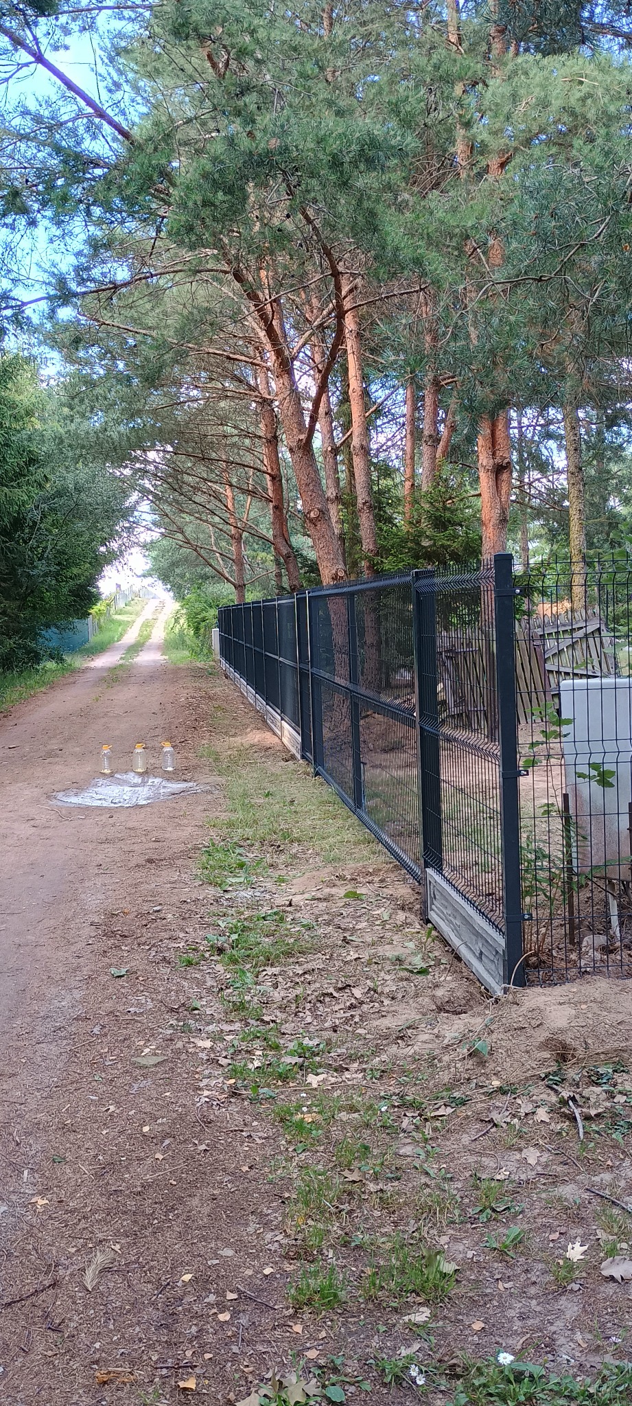 Nowoczesne ogrodzenie panelowe w kolorze grafitowym, biegnące wzdłuż leśnej drogi gruntowej, z trzema butelkami wody stojącymi w kałuży na pierwszym planie.