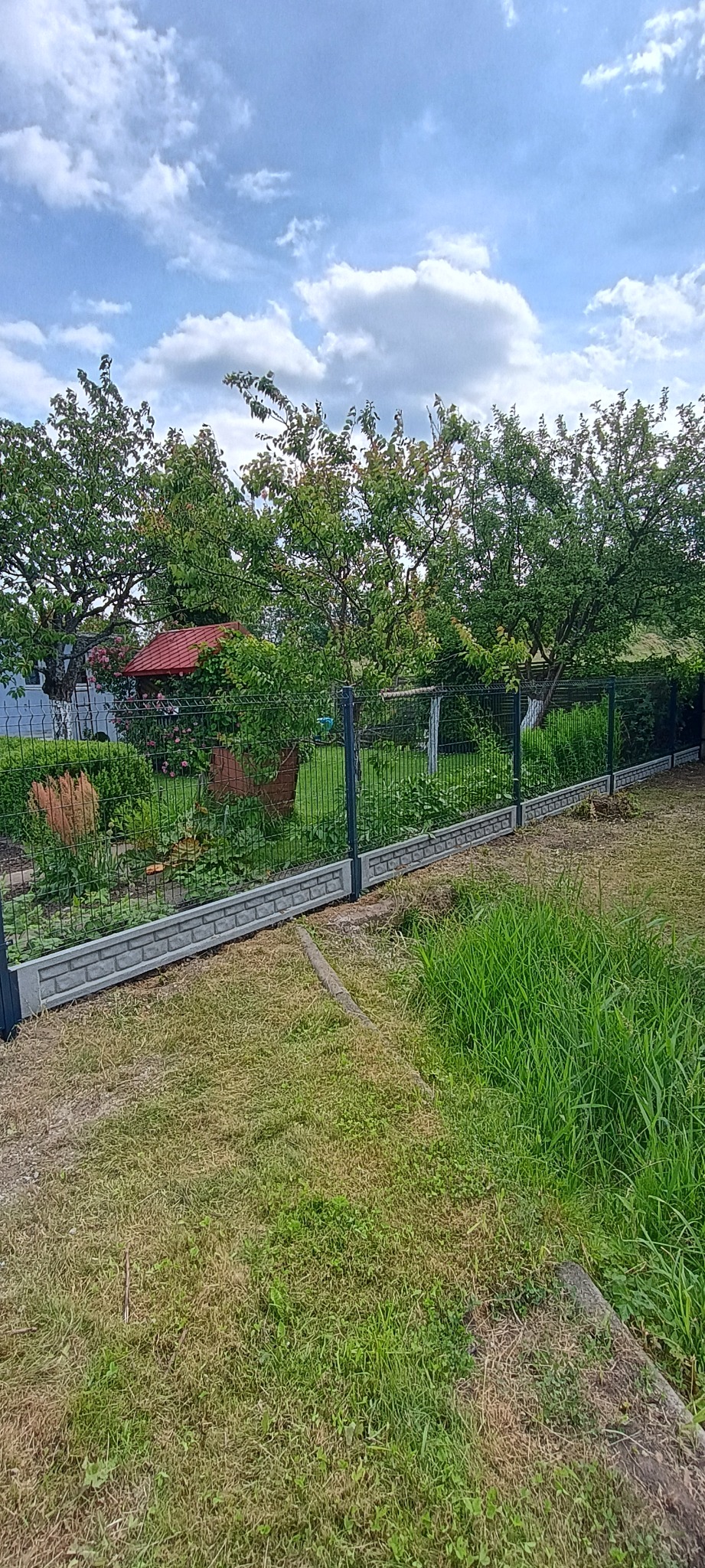 Szara siatka ogrodzeniowa z betonową podmurówką na tle zielonego ogrodu z drzewami i altaną z czerwonym dachem pod błękitnym niebem.