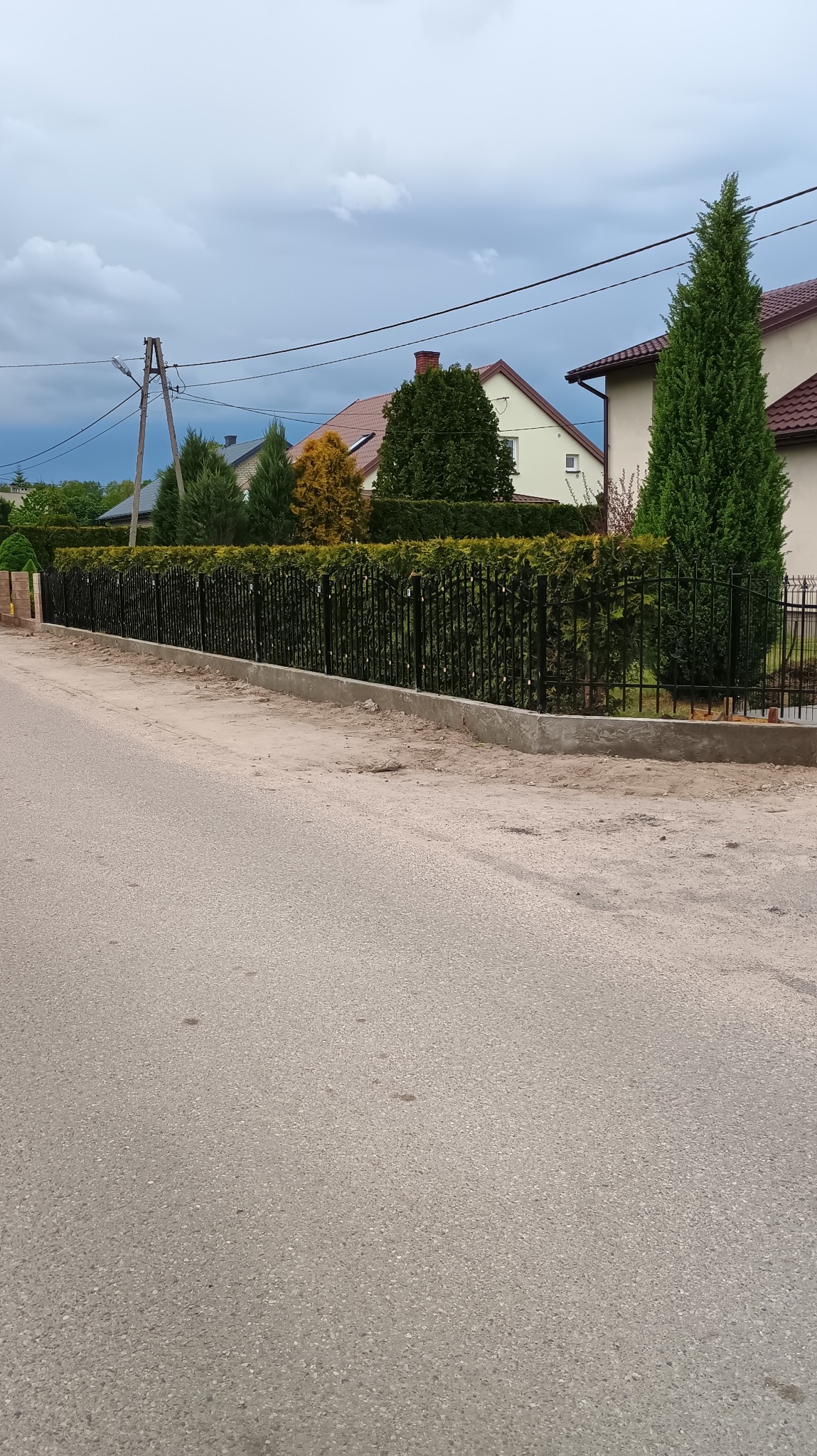 Czarny, metalowy płot z ozdobnymi elementami, oddzielający posesję od drogi. W tle domy i drzewa. Widoczne słupy energetyczne.