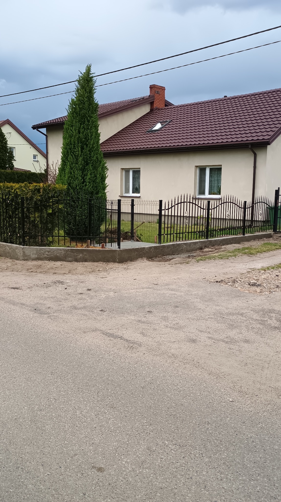 Czarny, metalowy płot z ozdobnymi grotami, otaczający posesję z zielenią i domem z brązowym dachem. Widok z poziomu ulicy, pochmurne niebo w tle.