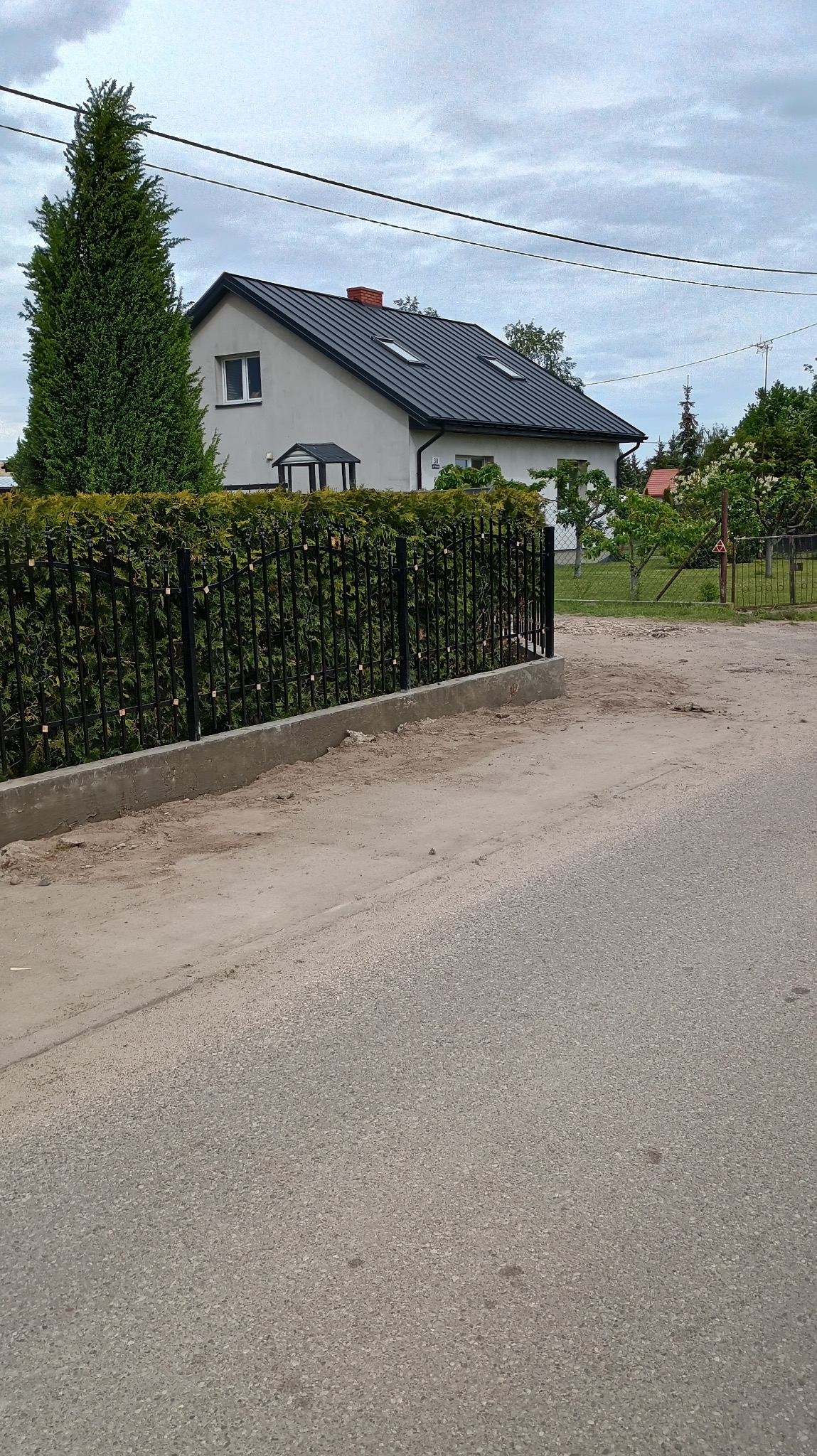 Czarny, metalowy płot z podmurówką, oddzielający posesję z domem od drogi. Żywopłot za ogrodzeniem. Pochmurne niebo.