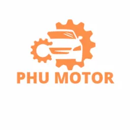 Pomarańczowe logo firmy PHU MOTOR z sylwetką samochodu wpisaną w koło zębate