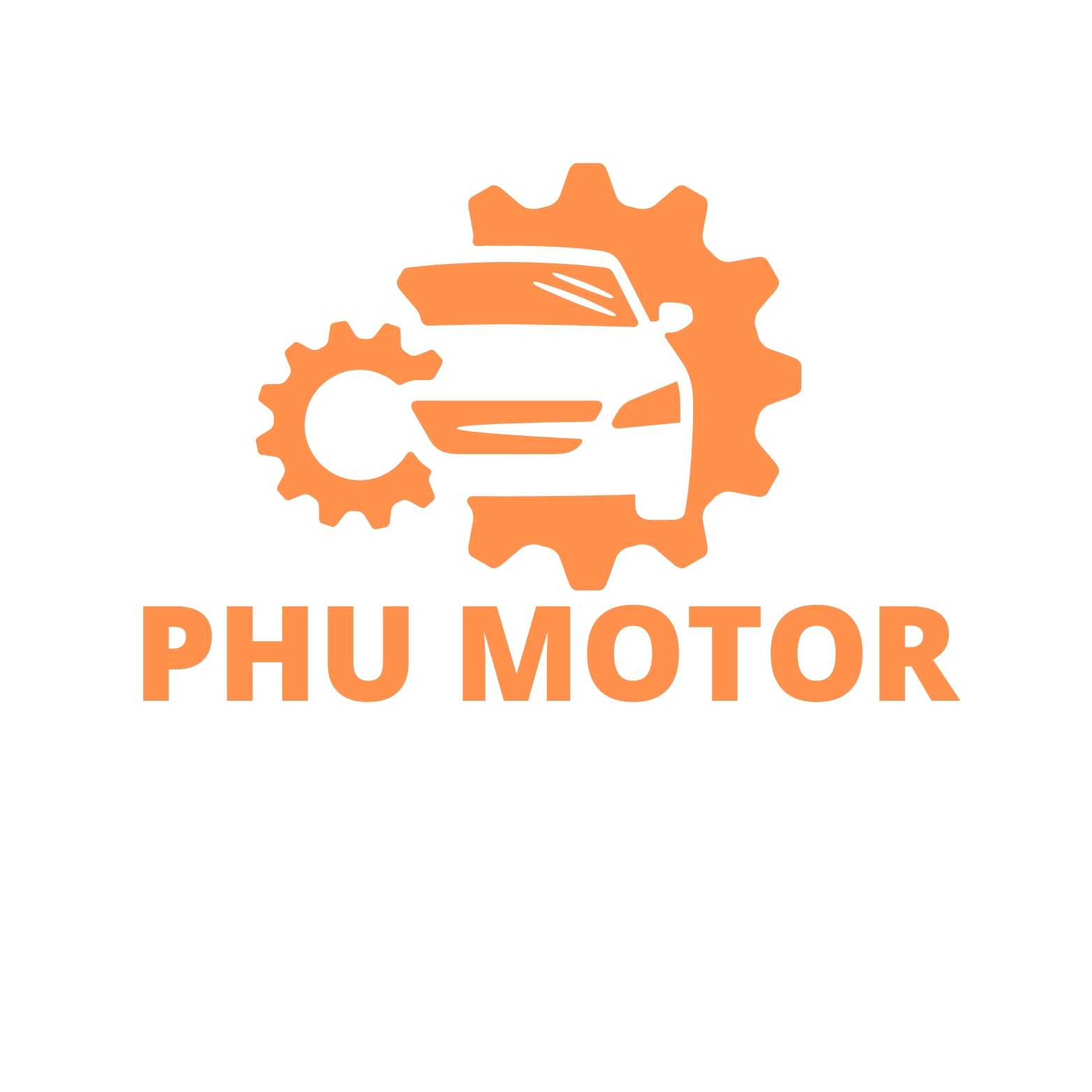 Pomarańczowe logo firmy PHU MOTOR z sylwetką samochodu wpisaną w koło zębate
