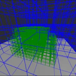 Abstrakcyjna wizualizacja 3D: zielony sześcian w siatce niebieskich linii na szarym tle, ukazująca strukturę danych lub modelowanie w programowaniu.
