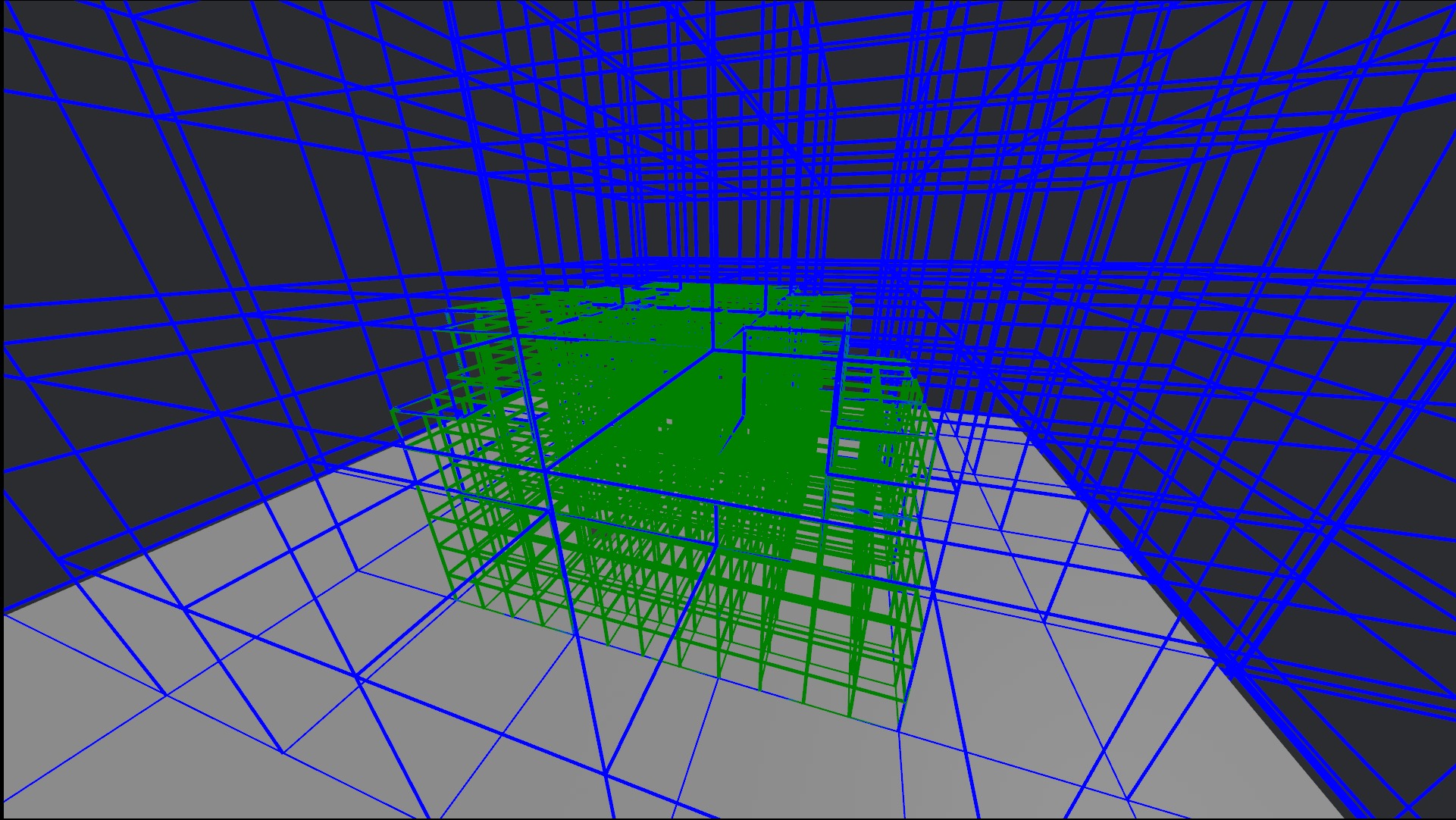 Abstrakcyjna wizualizacja 3D: zielony sześcian w siatce niebieskich linii na szarym tle, ukazująca strukturę danych lub modelowanie w programowaniu.