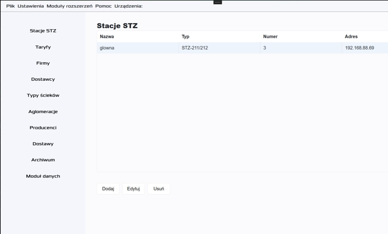 Interfejs programu Sanitager: tabela 'Stacje STZ' z kolumnami Nazwa, Typ, Numer, Adres. Menu boczne z opcjami Stacje STZ, Taryfy, Firmy, Dostawcy i inne.