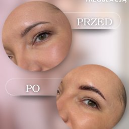 Pędzlem i pudrem - Laminacja brwi z farbką i regulacją: ujęcie 'przed' i 'po' na twarzy kobiety, ukazujące różnicę w wyglądzie brwi. Brwi po zabiegu są wyraźniejsze i bardziej zdefiniowane.
