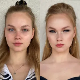 Zdjęcie przedstawia metamorfozę makijażu młodej kobiety, po lewej stronie twarz bez makijażu, po prawej pełny makijaż z podkreślonymi oczami, brwiami i ustami, oraz złotymi kolczykami kołami.