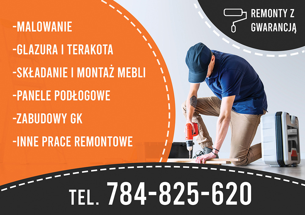 Mężczyzna w czapce wierci w desce wiertarką akumulatorową, obok walizka narzędziowa; grafika reklamowa z listą usług i numerem telefonu.