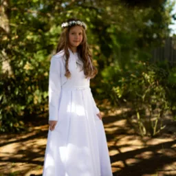Dziewczynka w białej sukience komunijnej i wianku z białych kwiatów pozuje w ogrodzie w słoneczny dzień.