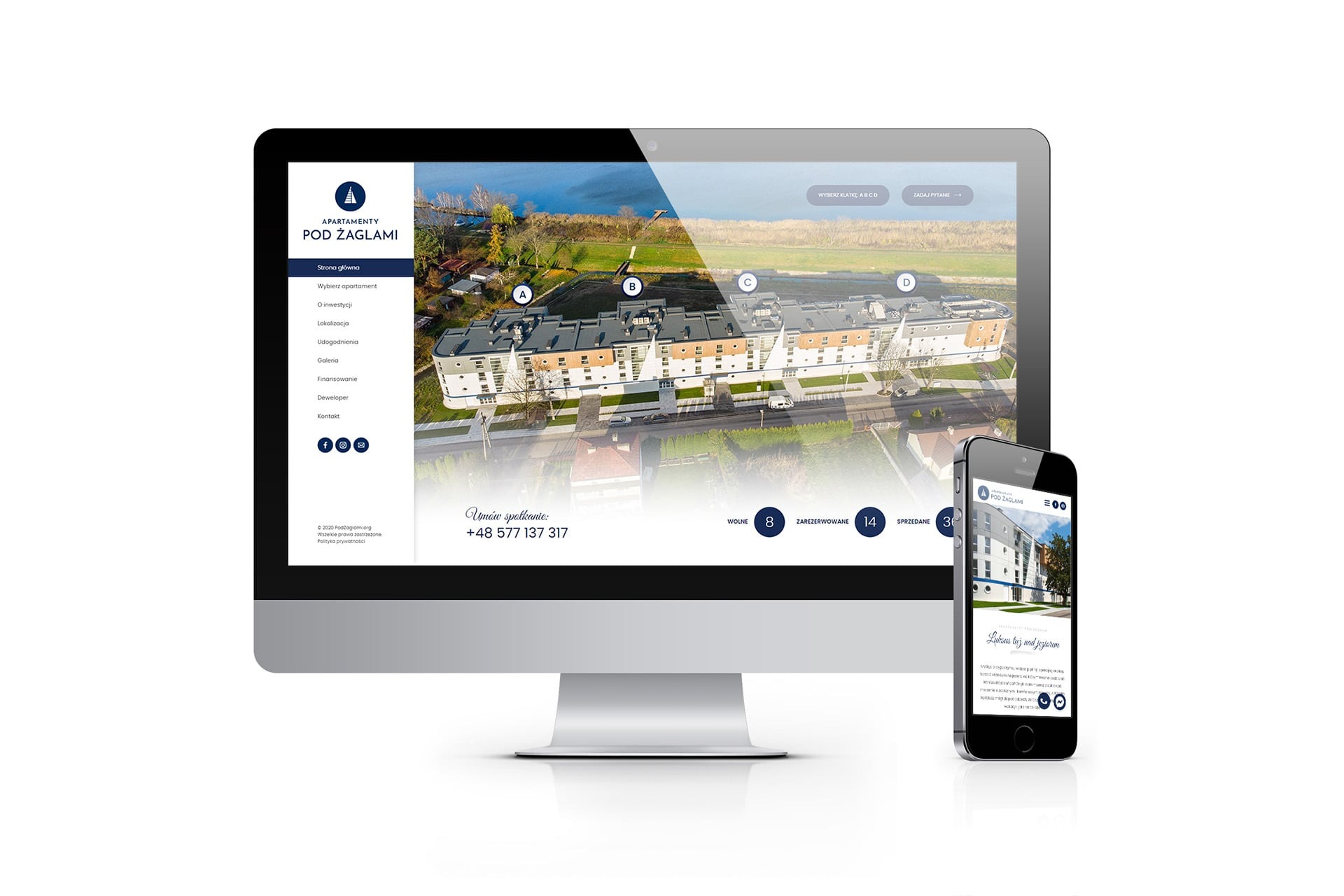 Ekran komputera i smartfon prezentują stronę internetową z widokiem na nowoczesny budynek apartamentowy z lotu ptaka nad jeziorem, z zaznaczonymi sekcjami A, B, C i D oraz informacjami o dostępnych...